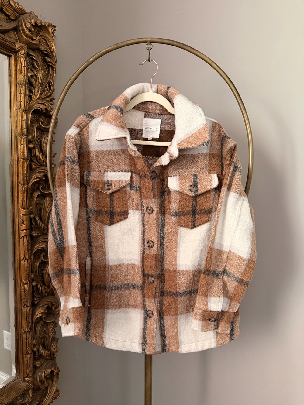 Avec Les Filles Cozy Plaid Shacket Jacket - Cream & Brown